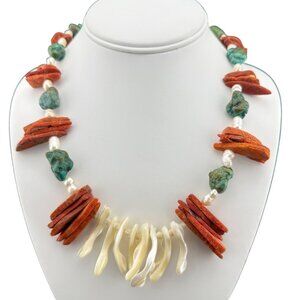 Handmade Sterling Silver Toggle Necklace With Red Coral Turquoise & Freshwater P